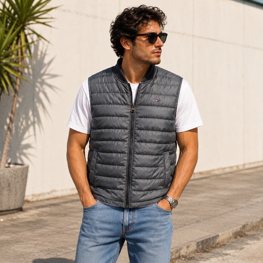 Vintage Tommy Hilfiger Down Fill Puffer Vest XXL Gray Y2K Streetwear Jacket